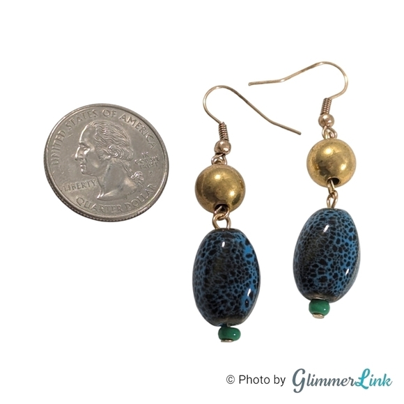 Blue Black & Green Mottled Tiered Gold Tone Dangle Earrings - Picture 5 of 6